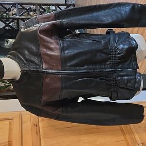Black and Brown Leather Jacket Unknown Maker Womens Size XL Biker Moto Fitted